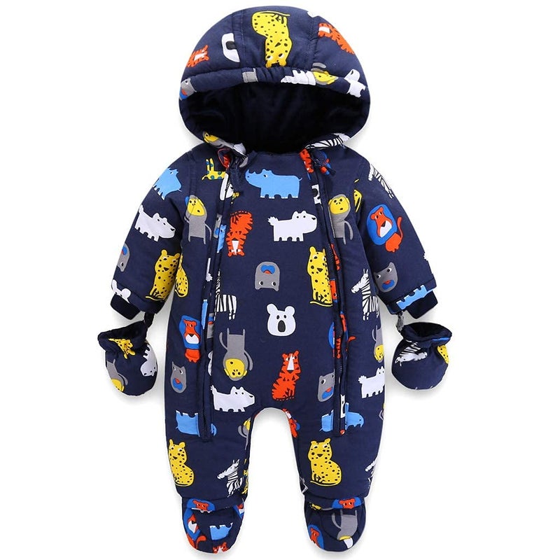JiAmy Baby Snowsuit Baby Boys Girls Winter Hooded Clothes with Gloves Booties Toddler Cotton Jumpsuit Navy Blue 9-12 Months - Image 1